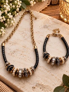 Gold and Black Beaded Statement Necklace and Bracelet Set